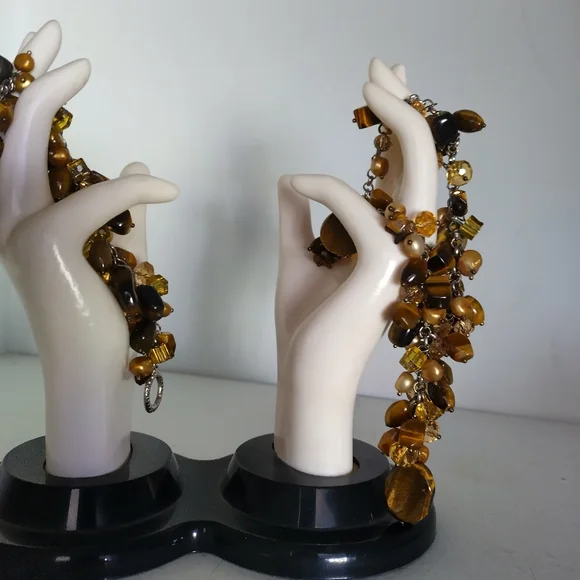 Necklace and Bracelet Set, Tiger's Eye, champagne pearl and crystal elements - Picture 8 of 9